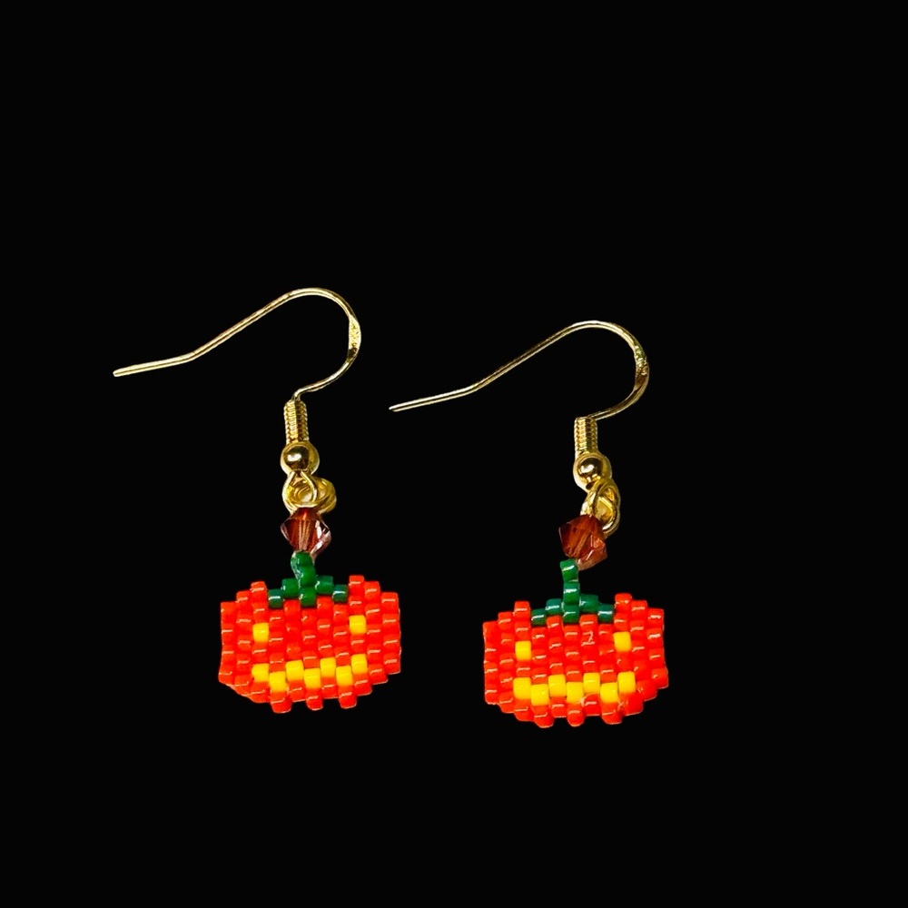 Handcrafted Small Beaded Pumpkin Jack O Lantern Earrings - Gold Plated - Picture 5 of 7